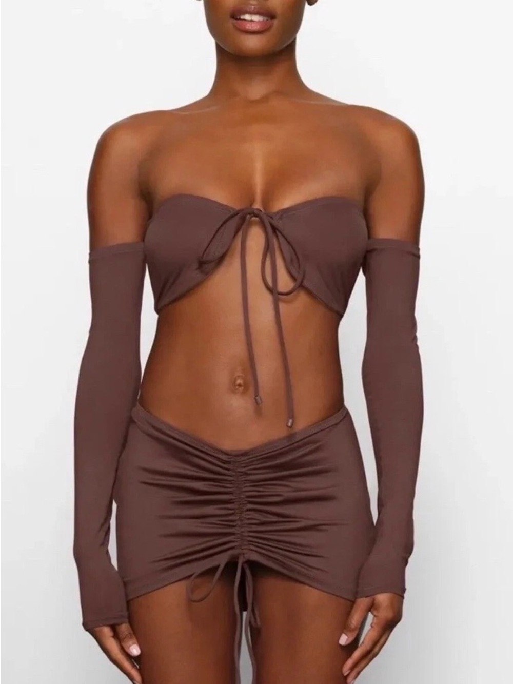 Skims NWT Swim Long Sleeve Bikini Top Only Cocoa Brown Strapless Tie-Front 2X